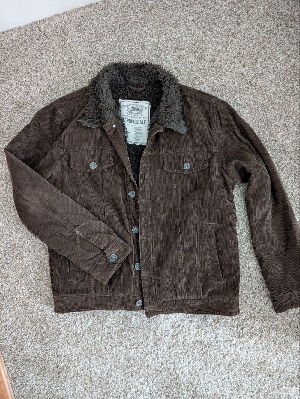 Y2K Aeropostale Men's Dark Brown Corduroy Sherpa Collar Jacket Sz L Preppy